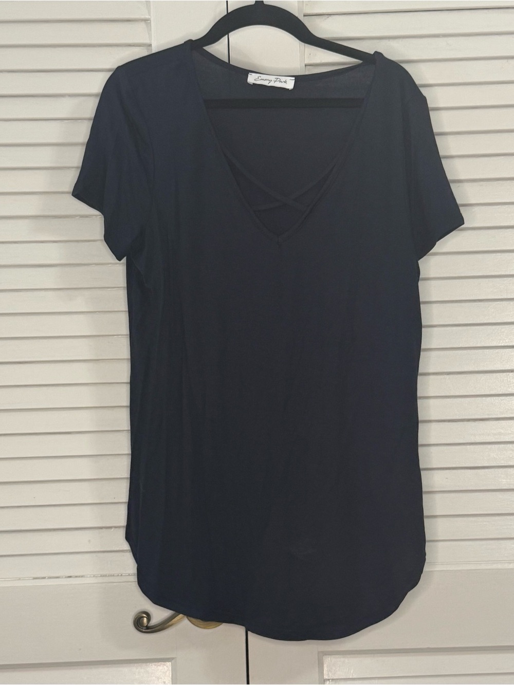 emory park Navy V-Neck Short Sleeve Top with Crisscross Neckline
